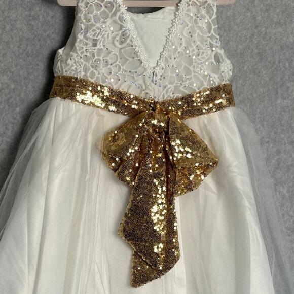 AiLe Rabbit Girls Dress Size 5T NWT Gold Sequin Bow Lace Tulle wedding baptism - Picture 8 of 9